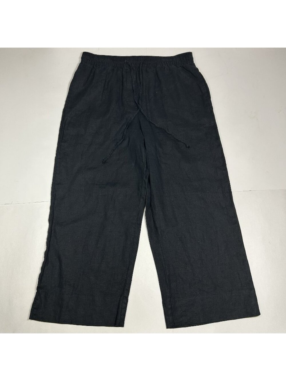 NWT DKNY Pure Women Pants Black 100% Linen Wide Leg Cropped Hi Rise Pull On Sz S